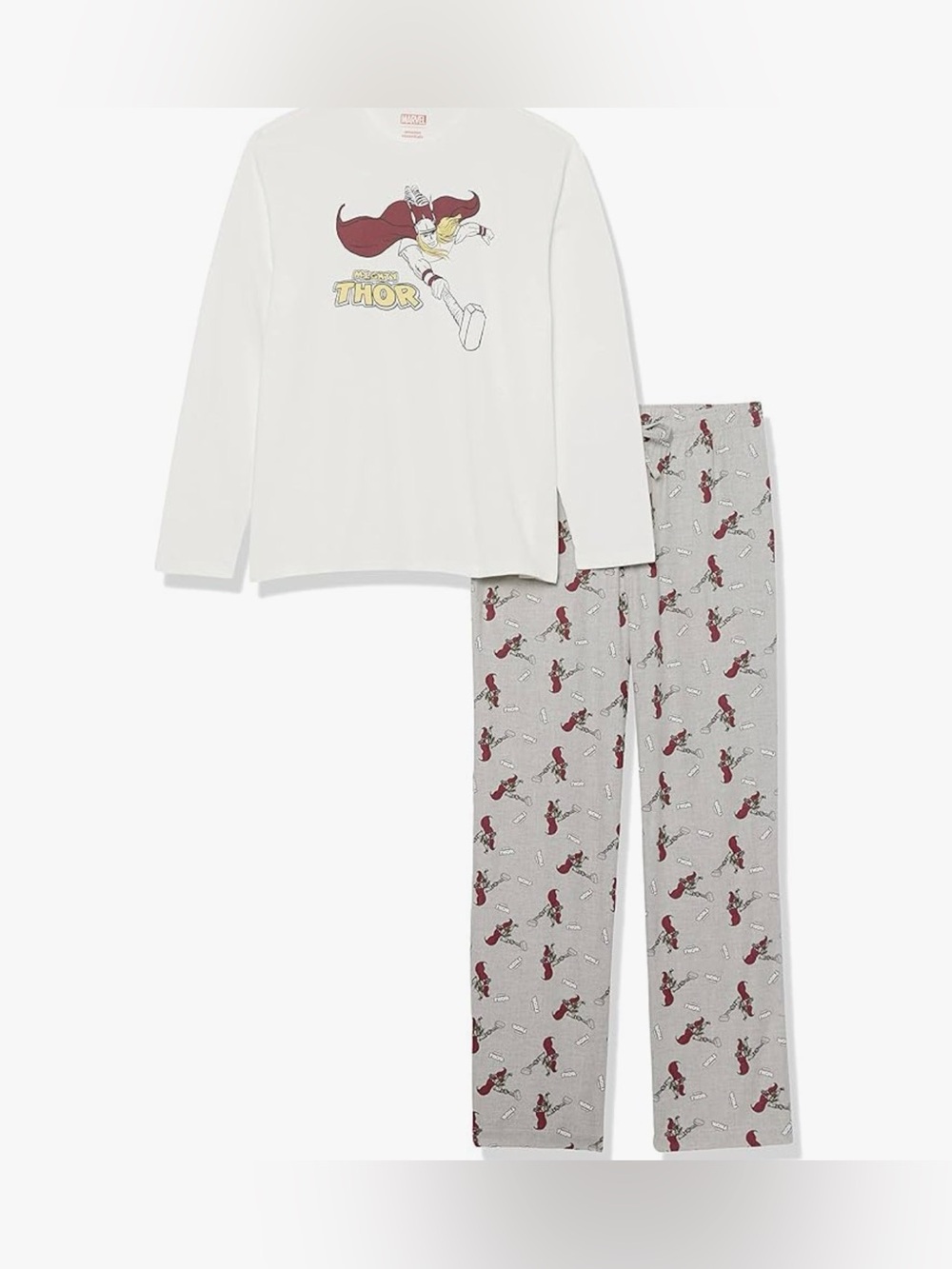 Marvel Adult Size Small Thor Long-Sleeve Pajama Set - White & Gray W/Red Accents